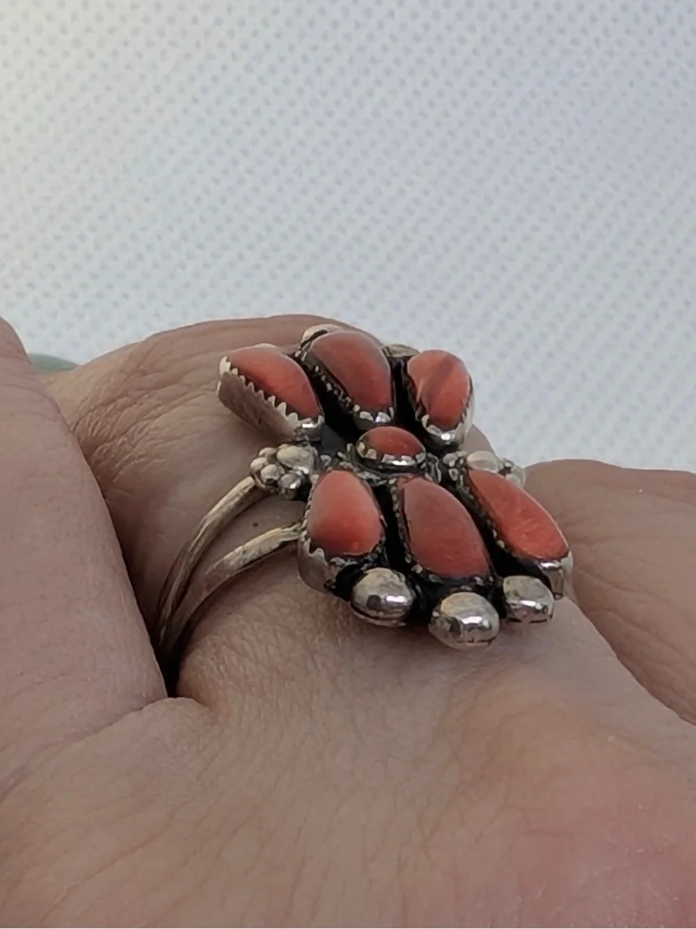 Navaho style Sterling Silver Red Coral Cluster Statement Ring size 8 3/4